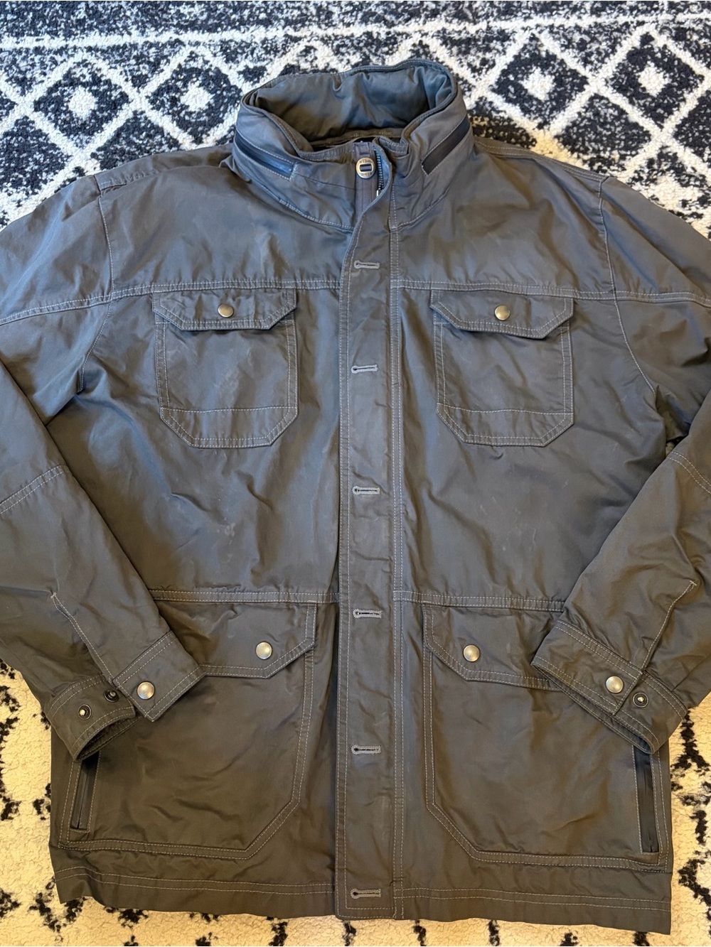 KUHL Men's Kollusion Wax Coated Jacket Coat Charcoal Stow Away Hood XL Fall
